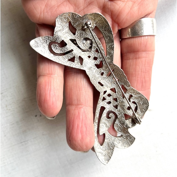Very Large Macasite Bow Pin Silver Tone Vintage Brooch Romancecore Feminine - Picture 11 of 13